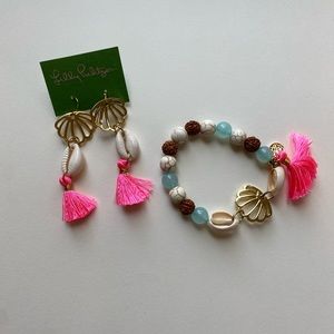 Lilly Pulitzer Seashell Earrings and Bracelet Set with bright pink tassels